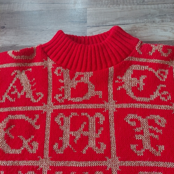 Vintage Red Gold Alphabet Mock Neck Sweater Medium - Picture 5 of 8